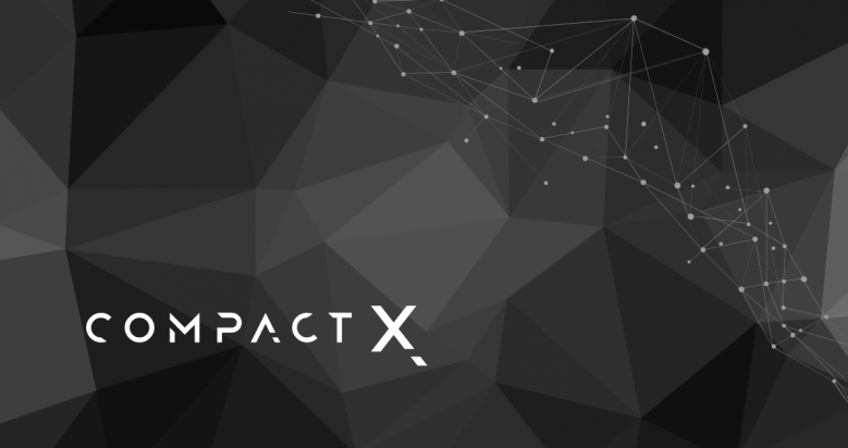 logo projektu CompactX na ciemnym tle z połączonymi cząsteczkami w tle